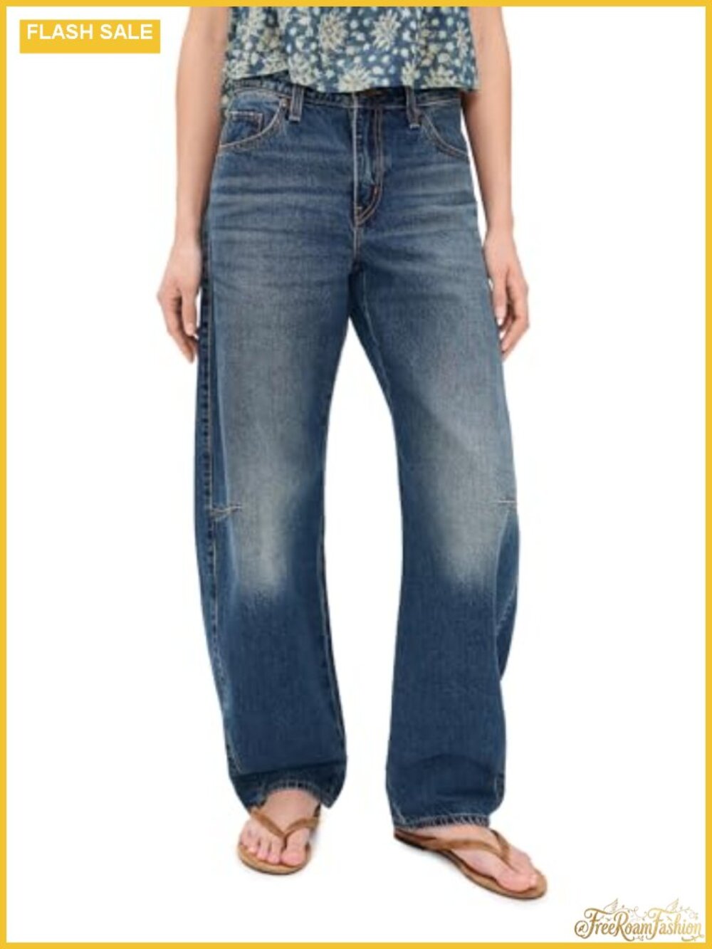 Curved Leg Baggy Jean Barrel - Mid Rise Tapered Loose Fit Cotton Denim